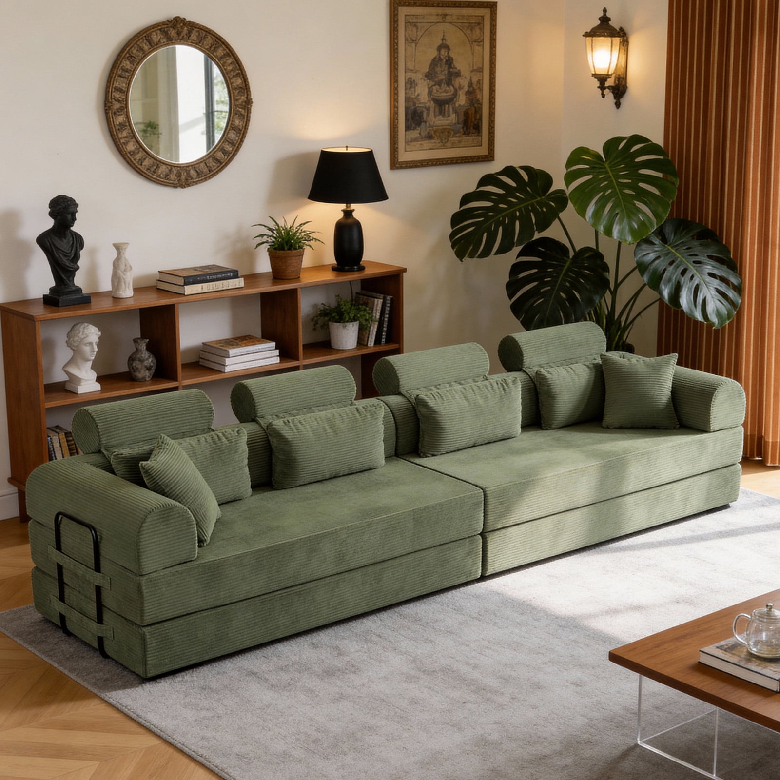 L-Shaped Sectional Sofa Converts to Bed, Corduroy Chaise Lounge with 28D High-Density Foam, No Assembly Compressed Couch for Apartments and Studios, Grayish Green