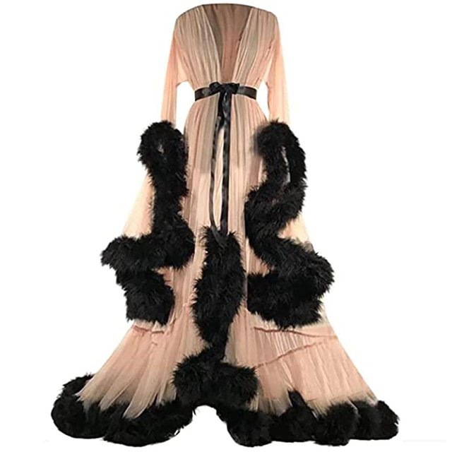 Vestido largo con mangas acampanadas y plumas para mujer, perfecto para despedidas de soltera