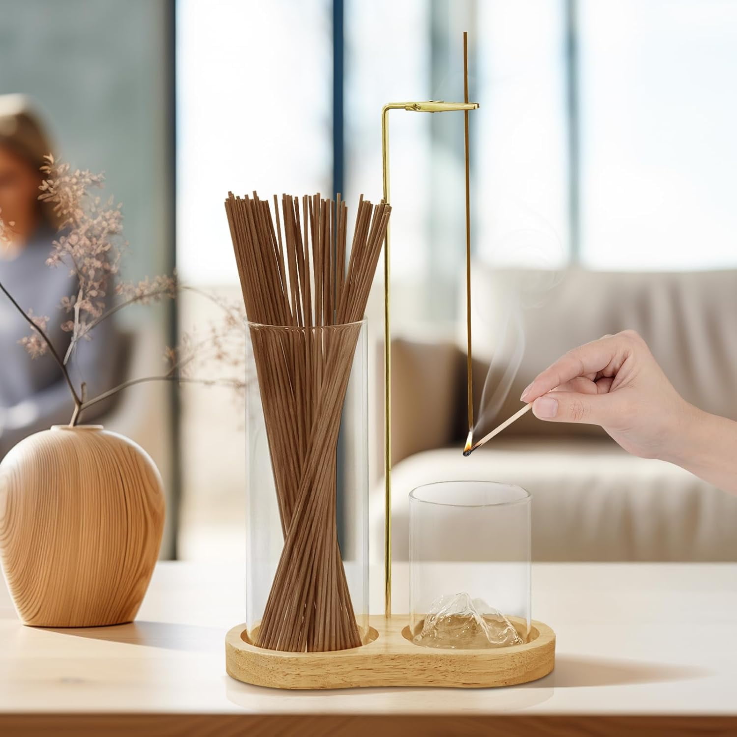 2-in-1 Glass Incense Holder for Sticks, Wooden Incense Burner with Ash Catcher & Incense Storage, Anti-Ash Flying Incense Stick Holder for Meditation, Yoga, Spa, and Home Decor(Natural Wood)