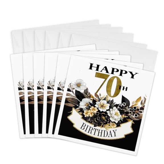3drose, Elegant Black and Image of Gold Flowers Happy 70th Birthday, 6 Greeting Cards with Envelopes