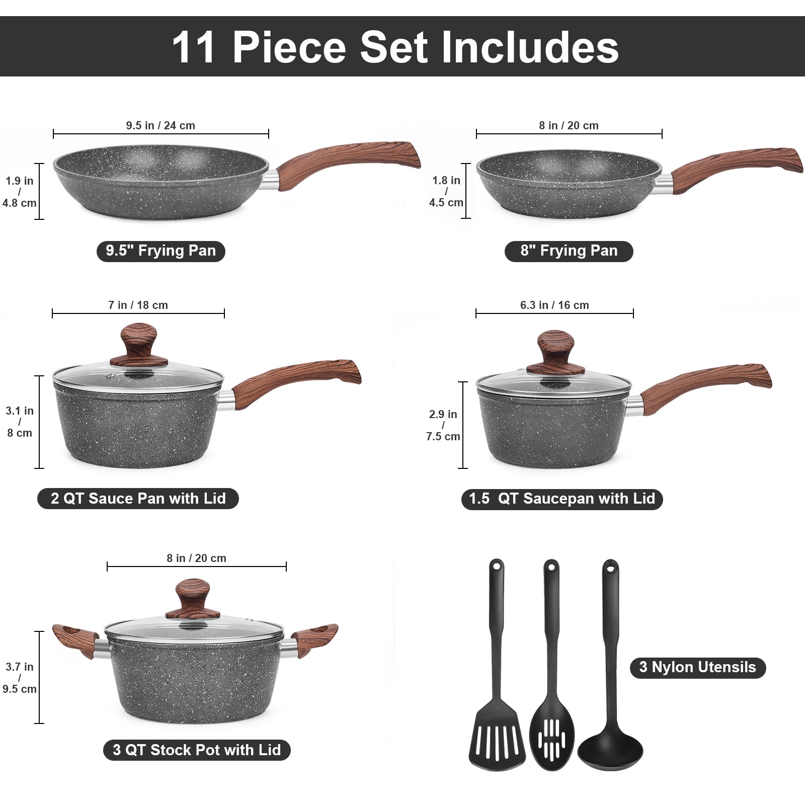 M MELENTA Granite Pots and Pans Set Ultra Nonstick, 11 Piece Granite Cookware Set with Frying Pan, Sauce Pan, Stockpot, Stay Cool Handle & Kitchen Utensils
