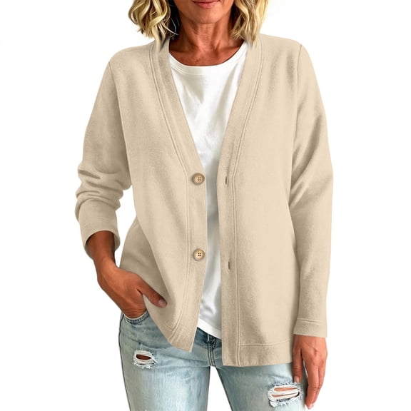 YWMJI V Neck Lightweight Knit Cardigan Sweaters for Women Long Sleeve Button Down Sweaters Loose Fit Basic Layering Cardigans Plus Size Outerwear Coats Soft Cozy Business Casual Outfits Beige L