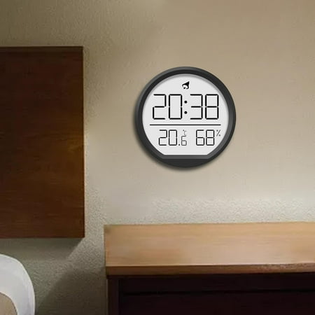 Digital Alarm Clock Wall Clock Round 7.4cm Battery Operated Versatile 12/24H with Temperature and Humidity for Office Stylish Black