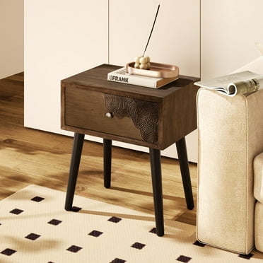 COSIEST End Table with Storage Drawer, Mid Century Modern End Table, Accent Side Table Small Wood End Table for Living Room, Walnut