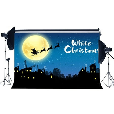 Image of ABPHOTO Polyester 7x5ft Photography Backdrop Christmas Santa Claus Ride Building Starry Moon Night Winter Xmas Backdrops Seamless Kid Adult Happy New Year Background Photo Studio Props