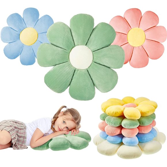 3 Pieces15 in,Daisy Flower Shaped Throw Pillow Cute Floor Cushion Seating Flower Pillow Daisy Room Decor Flower Floor Pillow Cushion for Reading Watching (Green, Pink, Blue)