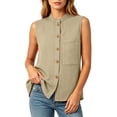 thumbnail image 5 of ClodeEU Women's Stand Collar Sleeveless Button Down Blouse,Casual Solid Color Linen Blend Tank Top Khaki,Women's Plus M, 5 of 7