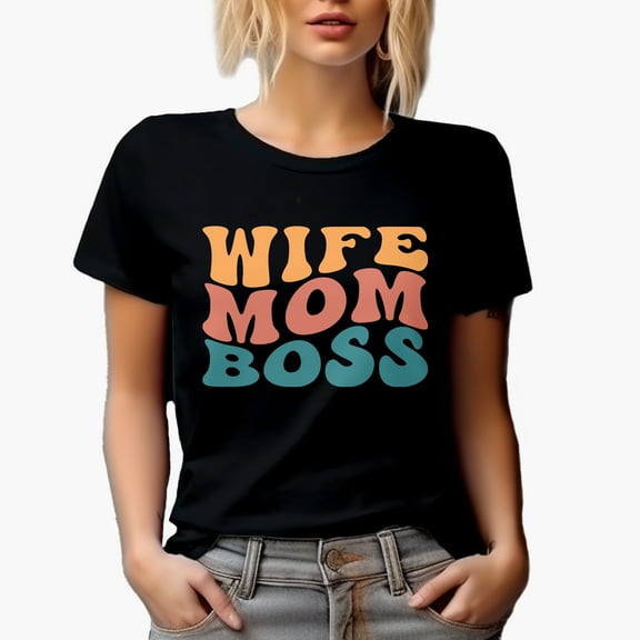 Wife, Mom, Boss, Mother's Day or Birthday, Groovy Retro Wavy Text Merch Gift, Black T-Shirt, Small