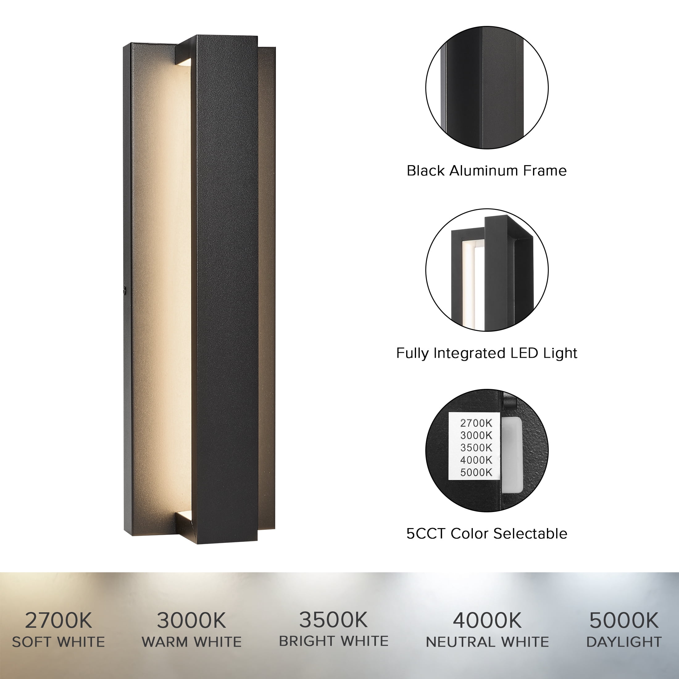 Maxxima LED Outdoor Wall Light, Linear Black Sconce w/ Vertical Bar, Modern Porch Light, 300 Lumens, 5 CCT 2700K-5000K...