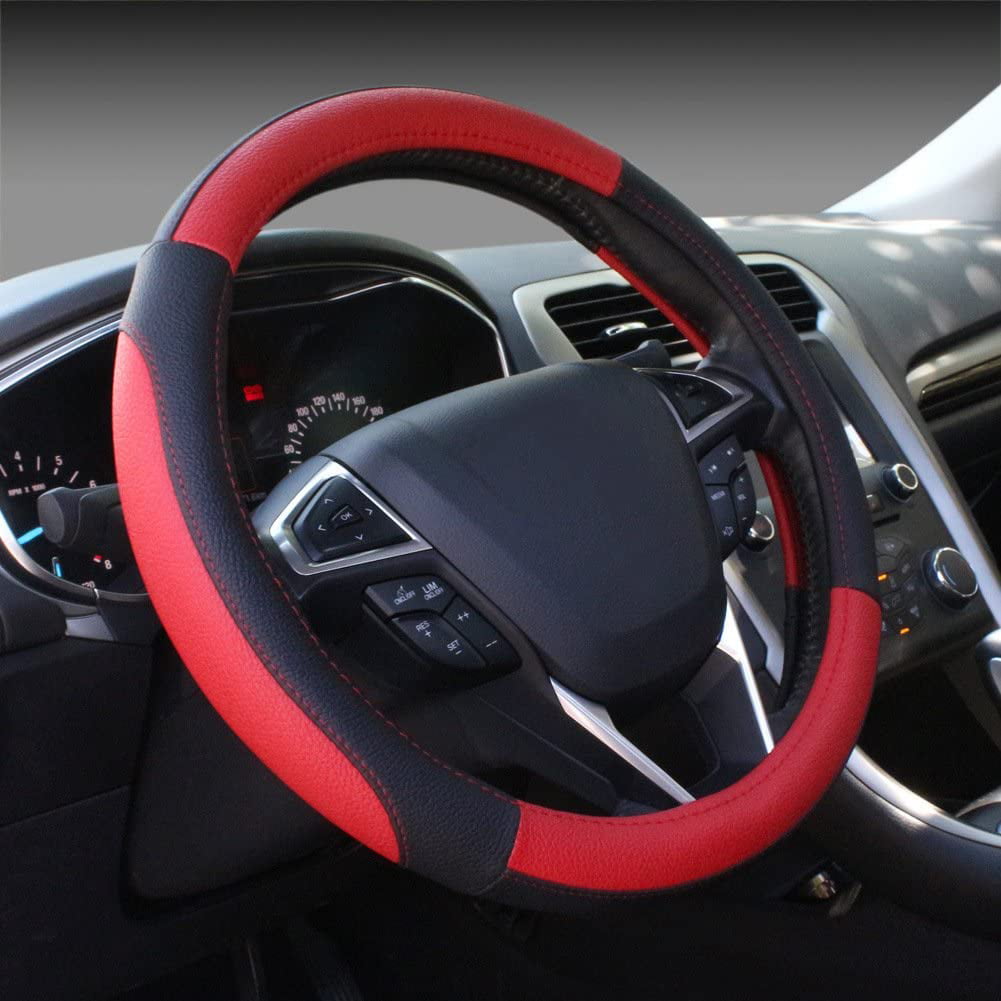 Black Color with Red Thread ZHOL Universal 15 inch Microfiber Leather Auto Car Steering Wheel Cover