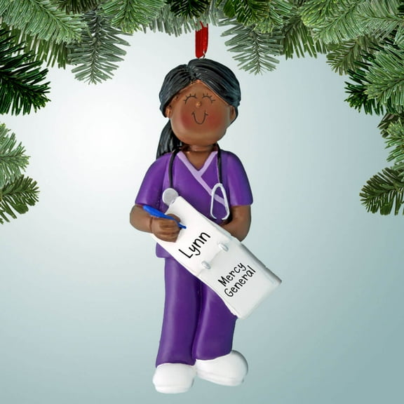Personalized Purple Scrubs Nurse - Female Dark Skin Christmas Ornament - Doctor - 1st Responder - Hospital - Family Practice - Practitioner