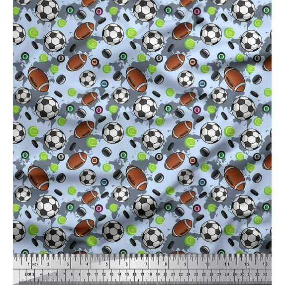 Soimoi Polyester Crepe Fabric Cricket Ball,Rugby & Football Sports Decor Fabric Printed Yard 52 Inch Wide