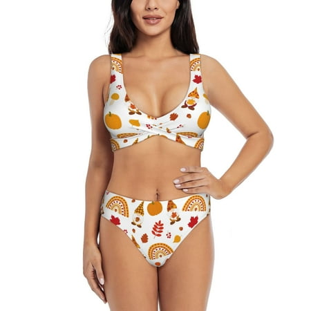 Zeuib Fall Gnomes Harvest High Waisted Tummy Control Bikini Set - Knot Front Push Up Top & Cheeky Thong Bottom  Two-Piece Swimsuit for Women-Large