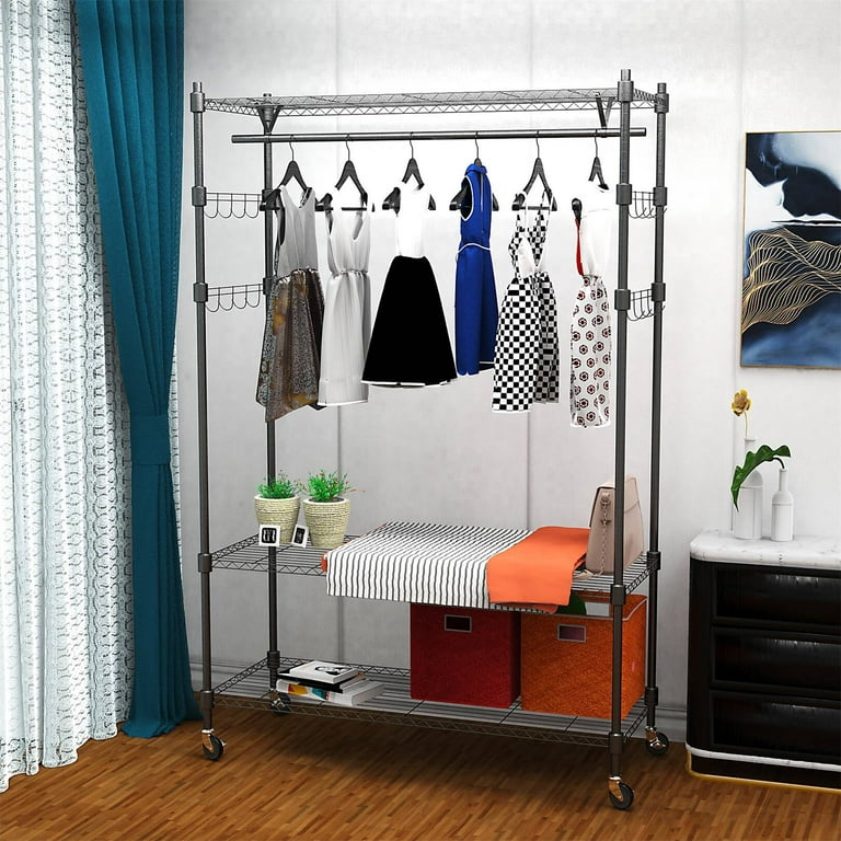 Garment Rack 3 Tiers Heavy Duty Clothes Rack Rolling Free-Standing Clothing  Closet Rack Organizer Storage Shelves with 2 Rods/Lockable Wheels/2 Side