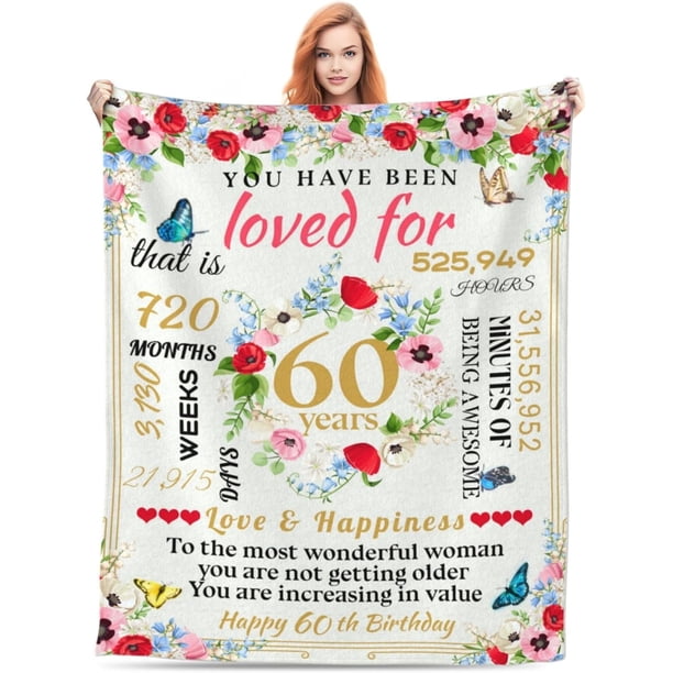 LHSHID 60th Birthday Gift for Women Happy 60 Year Old Gift Blanket 60th Birthday Gift Ideas for Her 60th Birthday Decorations for Women Mom Wife Sister Friends 60"x80"