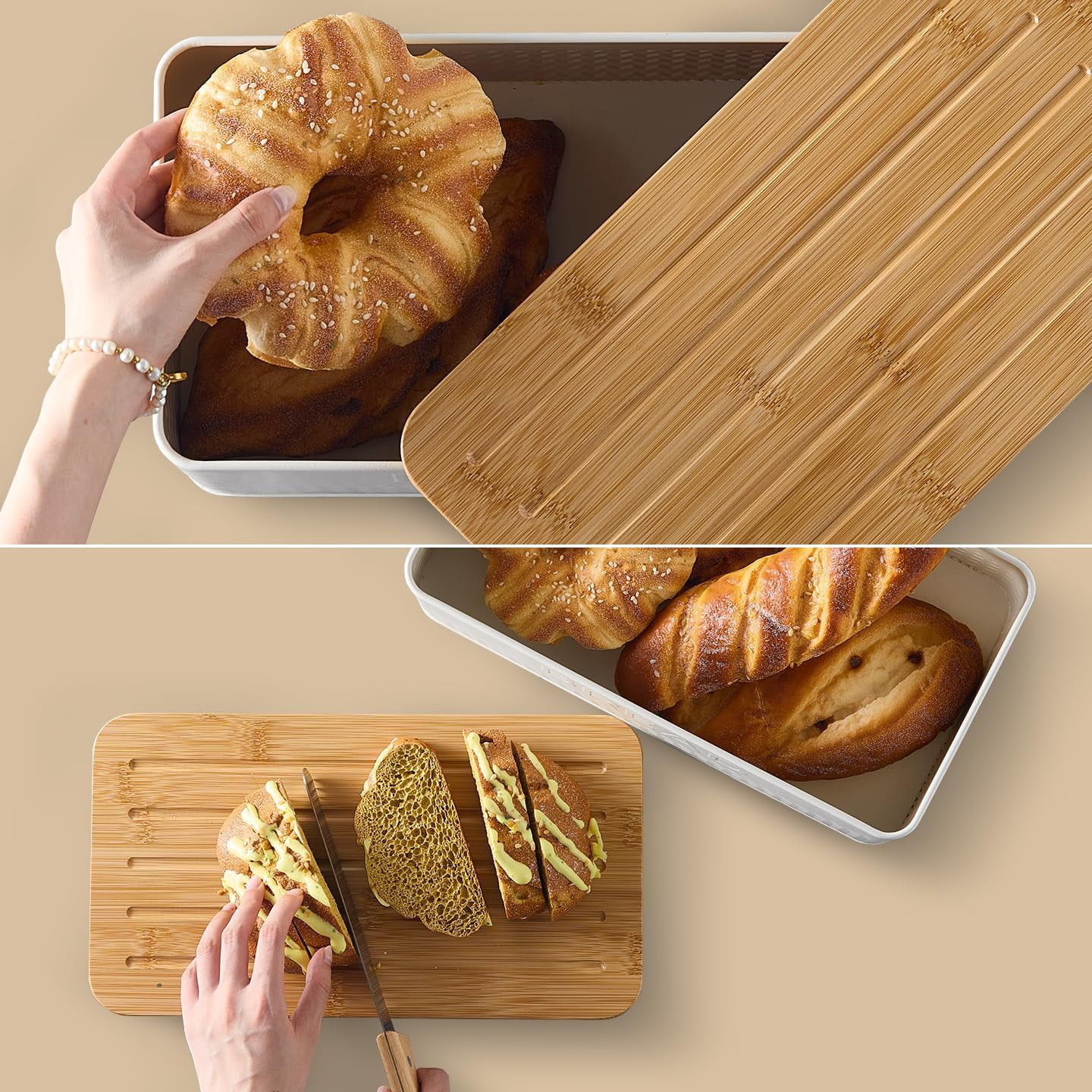 Bread Box for Kitchen Countertop - Metal Bread Storage with Bamboo Cutting Board Lid & Bread Knife, Corner Bread Container for Homemade Bread and Toast, Green