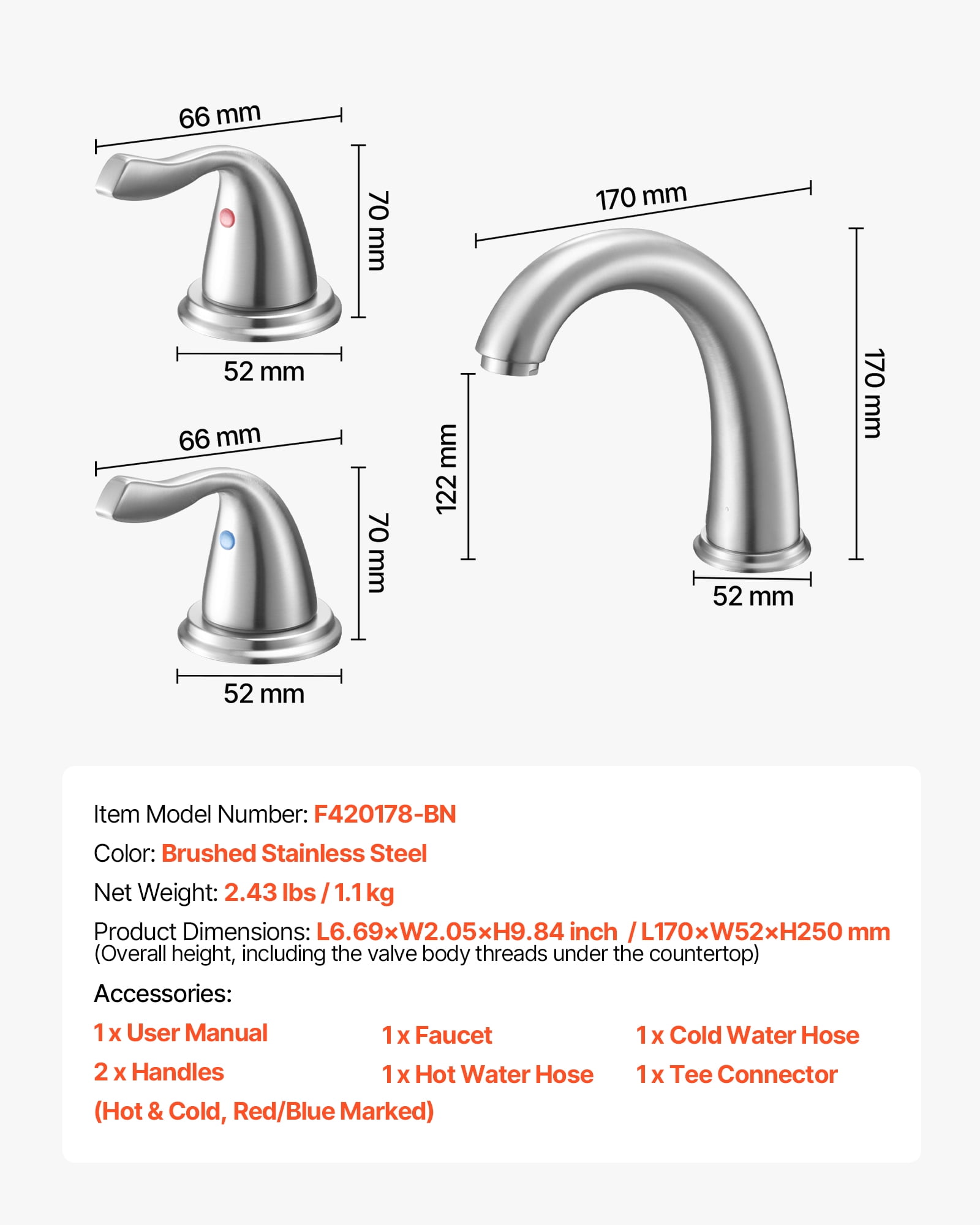 VEVOR Roman Tub Faucet, 3 Hole Waterfall Bathtub Faucet, Gooseneck Bath Tubs Faucets Set with 2 Handles, Roman Tub Faucets Deck Mount for Adult Bathing, Brushed Stainless Steel, High Arc Spout