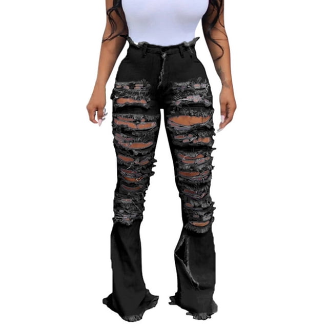 Bigersell Women Jean for Work Boot Cut Jeans Clearance Woman Jeans Jegging Denim Pants Button Closure Washed Ripped Loose Jeans Female Fitted Mid Waist Ankle Length Pants Style J-150 Black L