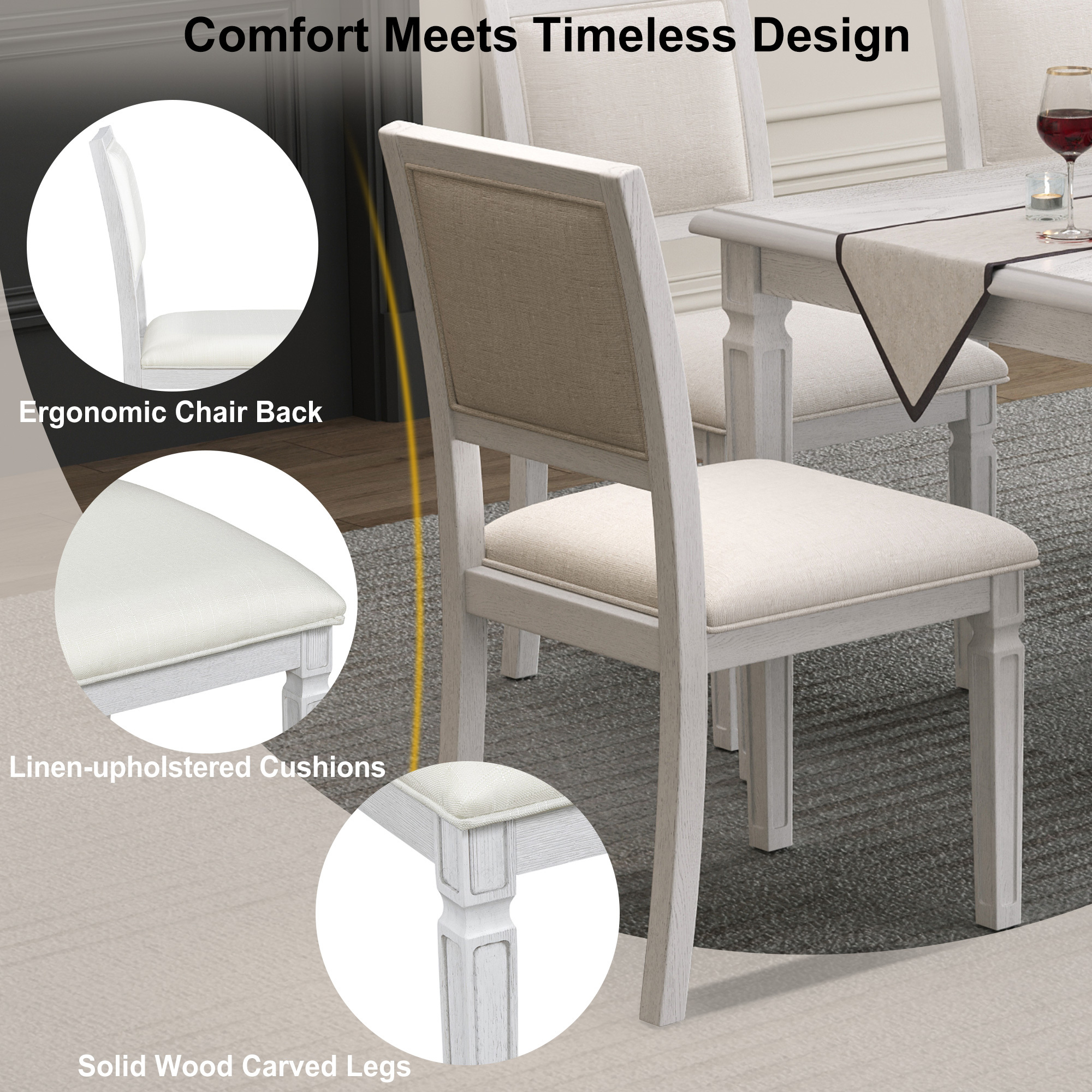 Euroco Farmhouse 6-Piece Dining Table Set for 6, 72" Extendable Kitchen Table with 4 Upholstered Chairs,1 Bench & Carved Legs, Wood Dining Set for Kitchen Living Room,White