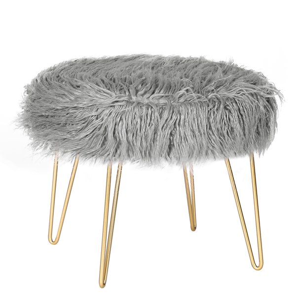 Homebeez Round Ottoman Footrest Faux Fur Vanity Stool Gray
