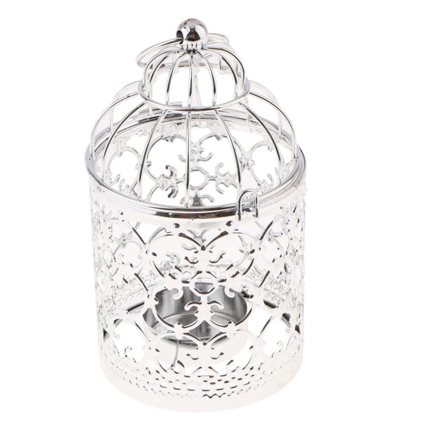 Portavelas decorativo de metal con diseño floral calado para velas pequeñas. A-plata