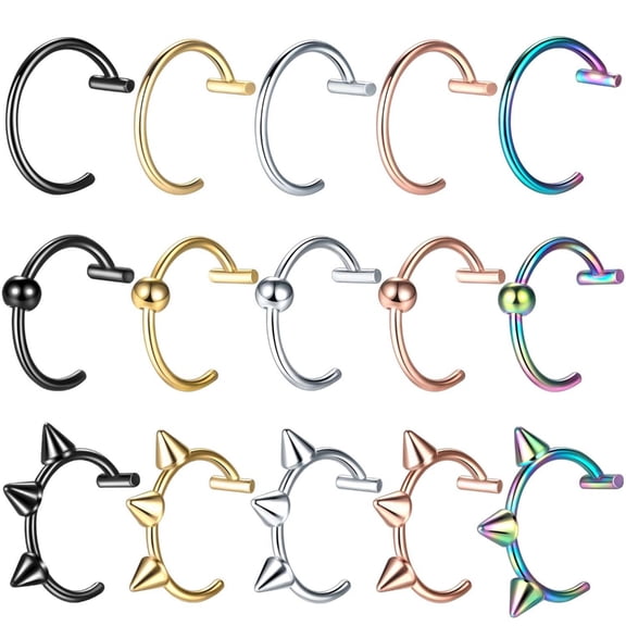 5pcs/15pcs 10mm Punk Stainless Steel Fake Lip Rings C-Clip Lip Rings Helix Rook Tragus Faux Septum Body Piercing Jewelry