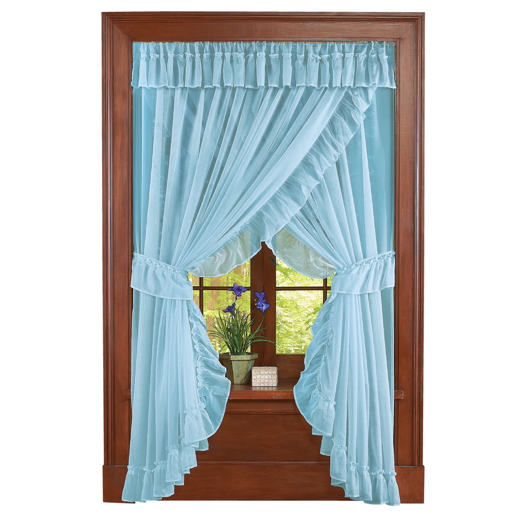 Collections Etc Isabella Ruffled Sheer Fabric Rod Pocket Window Curtain Set, Blue