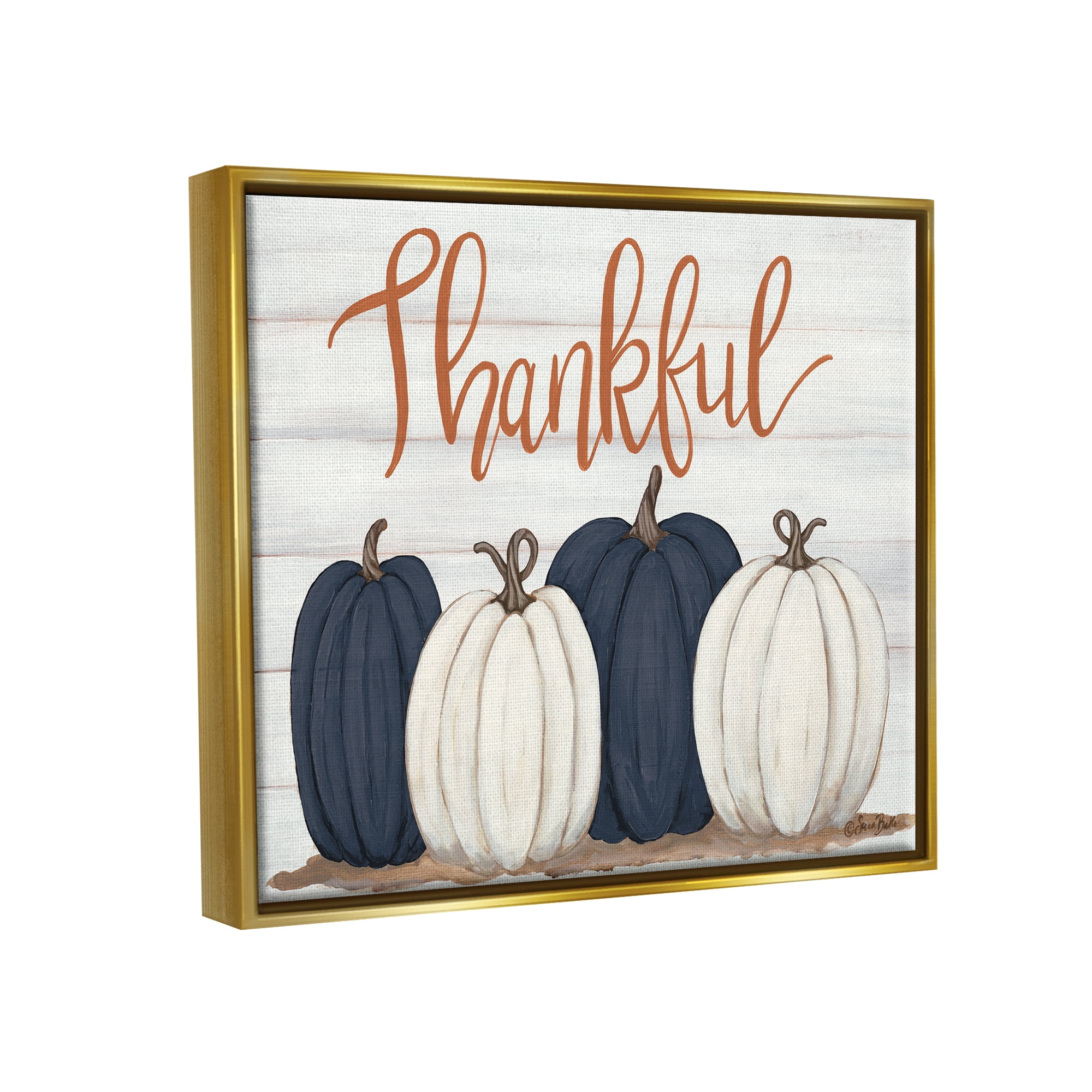 Stupell Industries Autumn Farm Pumpkin Harvest with Thankful Phrase Metallic Gold Framed Floating Canvas Wall Art, 24x30, by Sarah Baker