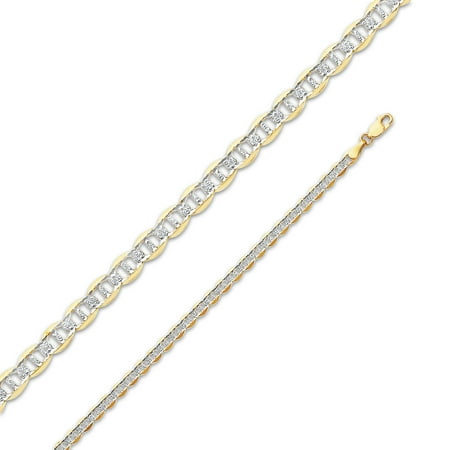 14k Yellow Gold Solid 4mm Flat Mariner White Pave Diamond-Cut Chain Necklace 20"