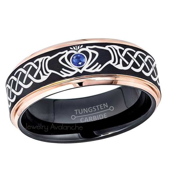 Claddagh Tungsten Ring - 2-Tone Rose Gold And Black Tungsten Carbide Wedding Band - 0.07ct Blue Sapphire Tungsten Ring - Personalized Tungsten Wedding Ring - Custom Made Birthstone Ring TN779CLDs7