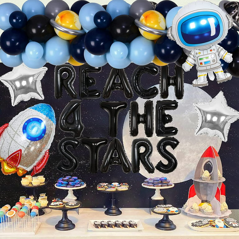 Kreatwow Space Theme Birthday Party Decoration,4th Outer Space Birthday Party Reach 4 The Stars 69pcs Navy Blue Silver Balloons Outer Space Solar