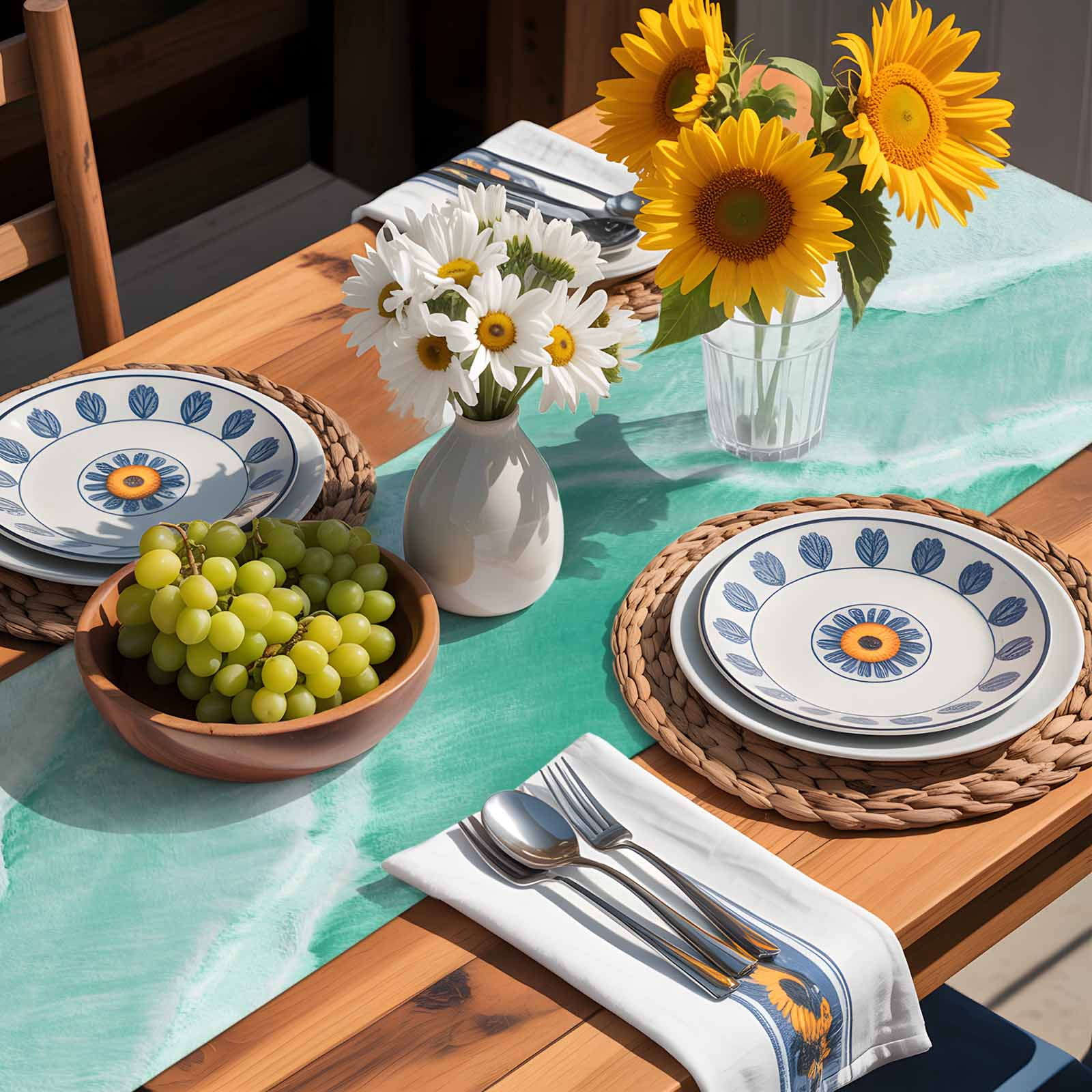 Summer Beach Green Water Ripples Table Runner 90 Inches Long, Coastal Seaside Waves Table Runners Tabletop Scarf Kitchen Dining Tables Decoration for Home Party Indoor Outdoor