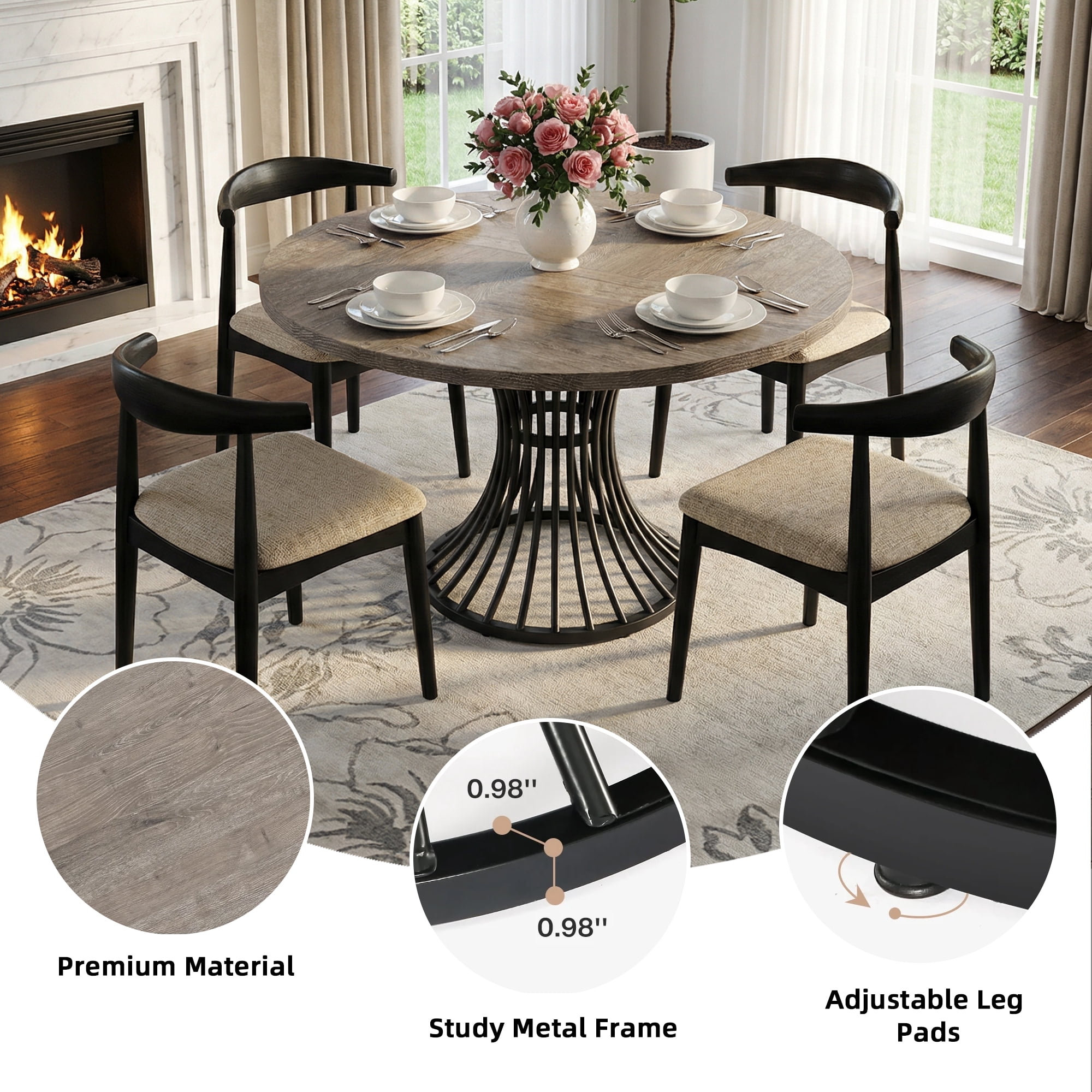 MAYEERTY 47 Inch Round Farmhouse Dining Table, Hourglass Shaped Metal Base Kitchen Dinner Table for 4 to 6 People