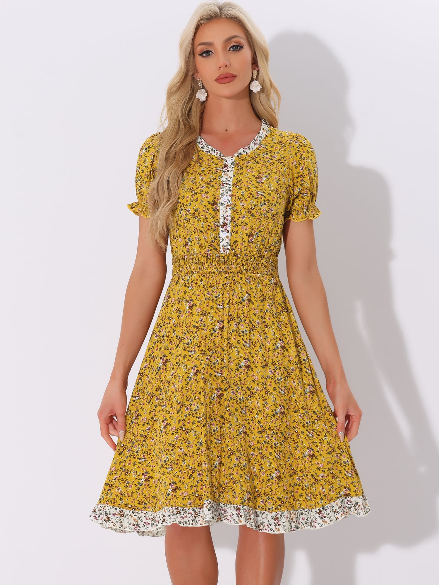 DARING DIVA Floral Ruffle Neck Smocked Waist Dress S Yellow