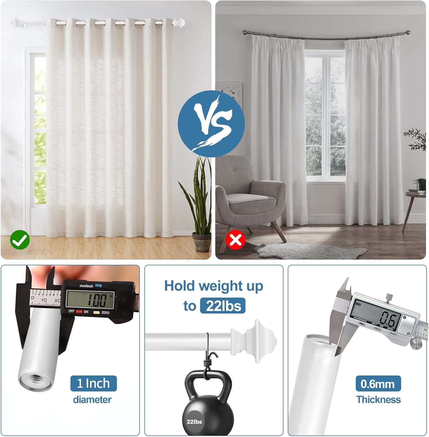 Urbanest Adjustable Double Curtain Rod Set Pila Flat Button Finials – 1″ Front & 3/4″ Back Rod With Glossy White Rod, 28–48 Inches