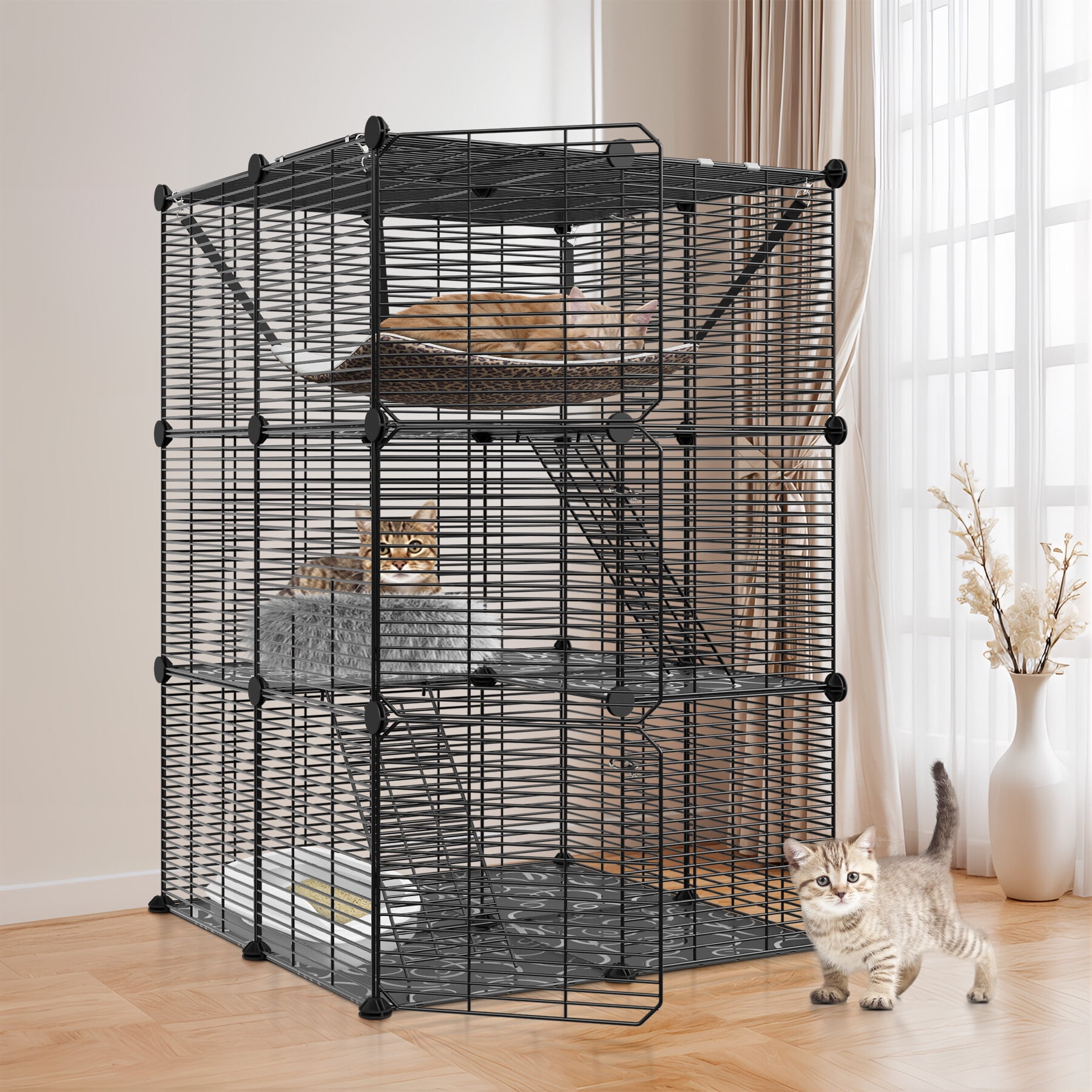 HomGarden 3-Tier DIY Cat Cage Metal Wire Cat Playpen Enclosures Indoor W/Hammock & Skylight for 1-2 Cats Ferret Rabbit