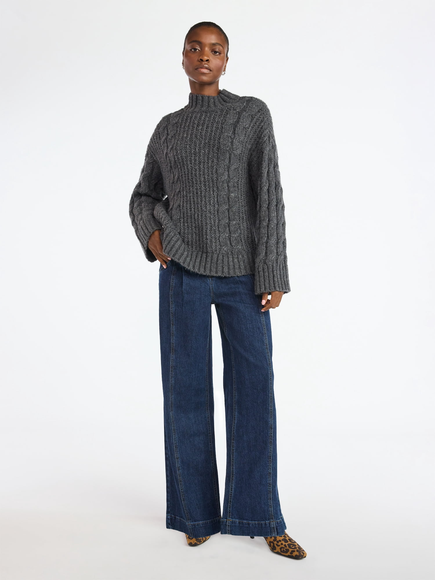 Scoop Women’s Oversized Cable Knit Sweater, Midweight, Size XS-XXL