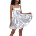 thumbnail image 2 of Maqroz Dresses for Women Plus Size Spaghetti Straps Metallic Dress Swing Party Clubwear Shinny Mini Dancewear High Waist Skater Dresses White XL, 2 of 6