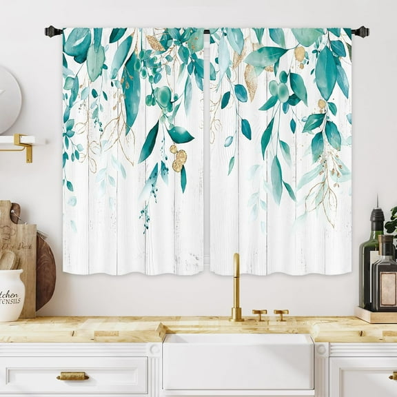 Eucalyptus Leaves Kitchen Window Curtains 2 Panels 27.5W x 39H Rod Pocket Plant Rustic Farmhouse Wooden Teal Green Botanical Rural Small Short Door Decor Laundry Drapery Treatment