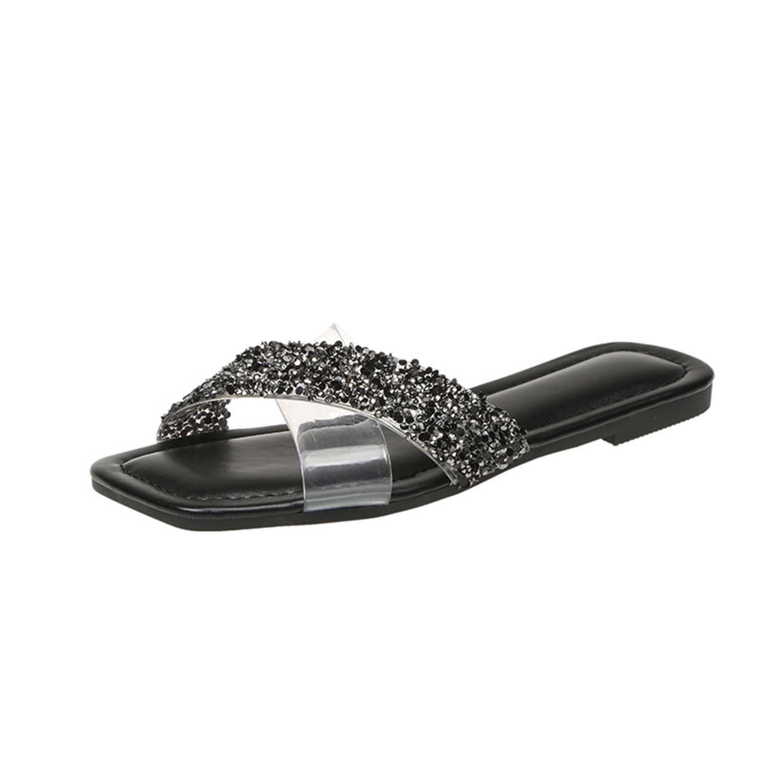 Hyknon Sandals for Women Summer New Large Size Clear Rhinestones A Line To Wear Beach Slippers And Light Sandals Arch Support Comfortable Sandals