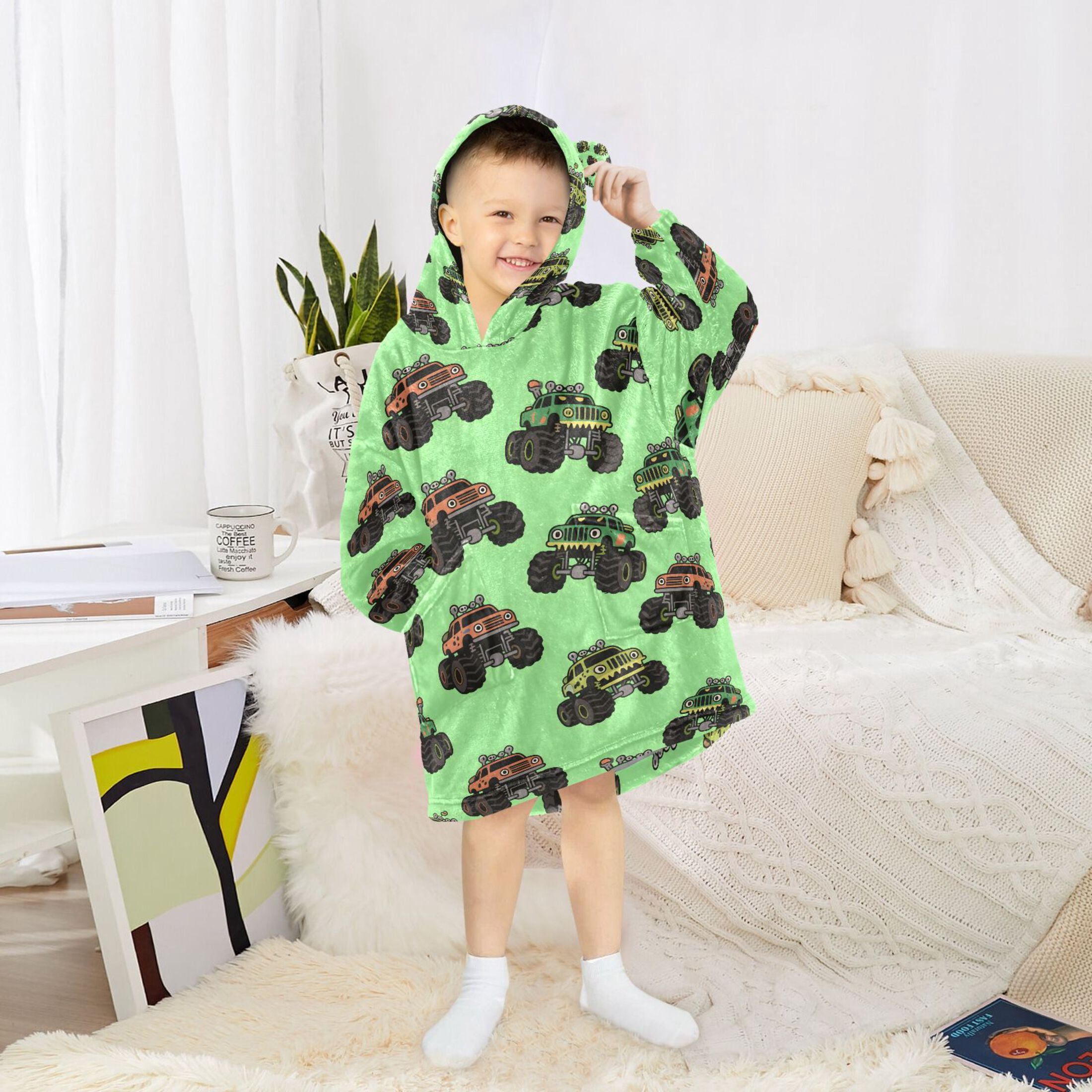 joogoo Blanket Hoodie for Trucks Cartoon Green Oversize Sweatshirt 3-14 YR L