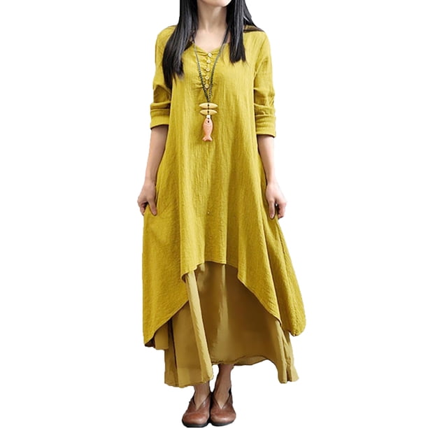 Nueva moda mujer Casual vestido suelto sólido manga larga Boho largo Maxi vestido Romacci Vestido