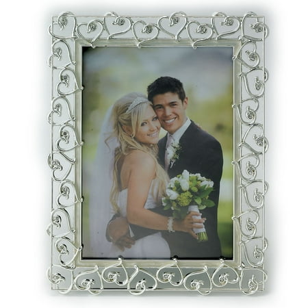8x10 Silver Plated Metal Picture Frame - Open Heart Design with Crystals and Ivory Enamel