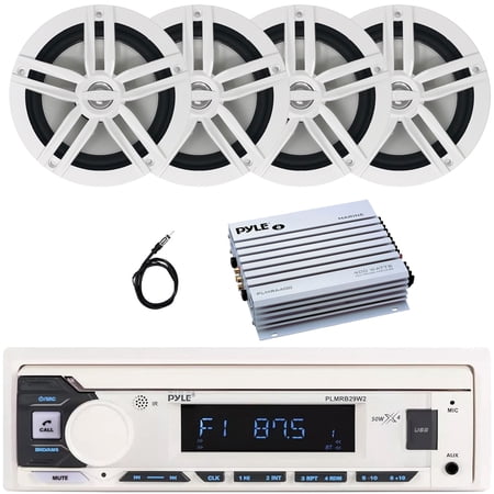 Pyle PLMRB29W2 Single DIN Marine Bluetooth USB/AUX MP3 Player AM/FM Radio In-Dash Stereo White Receiver 4x Enrock EM265W 6.5 180W Max Power 2-Way White Boat Speakers 4 Channel Amplifier Antenna