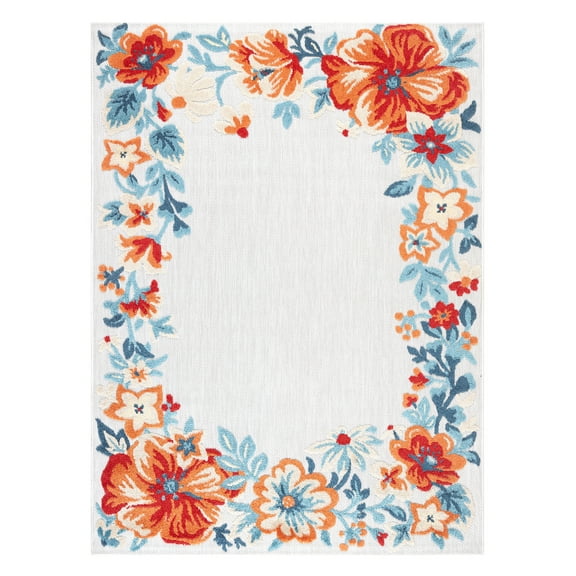 TOWN & COUNTRY EVERYDAY Hibiscus Bloom Border Modern Floral Indoor Outdoor Area Rug, UV Fade Resistant, High-Low Pile, Grey/Red/Blue, 3'11"x5'2"