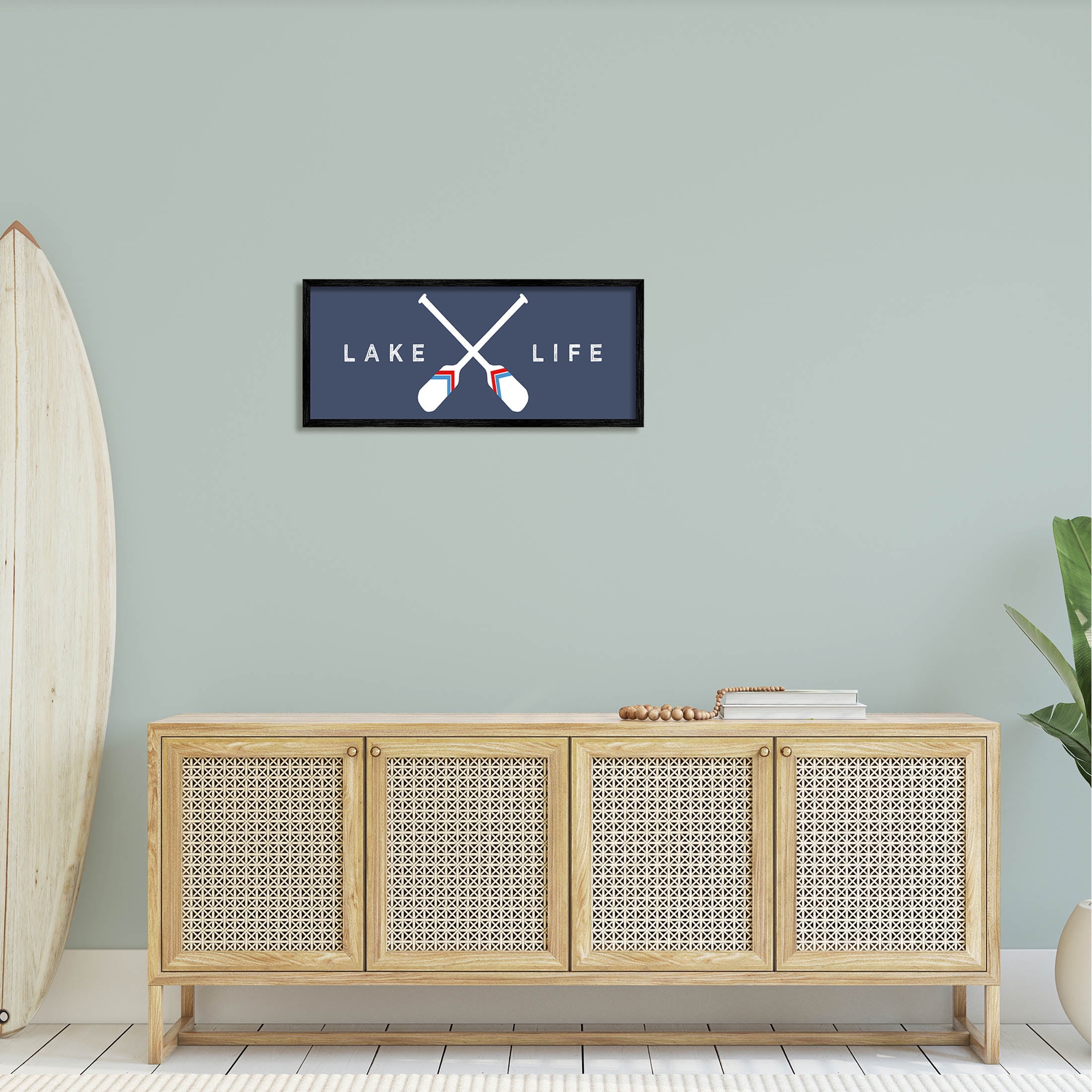 Lake Life Striped Oars Typography Graphic Art Black Framed Art Print Wall Art