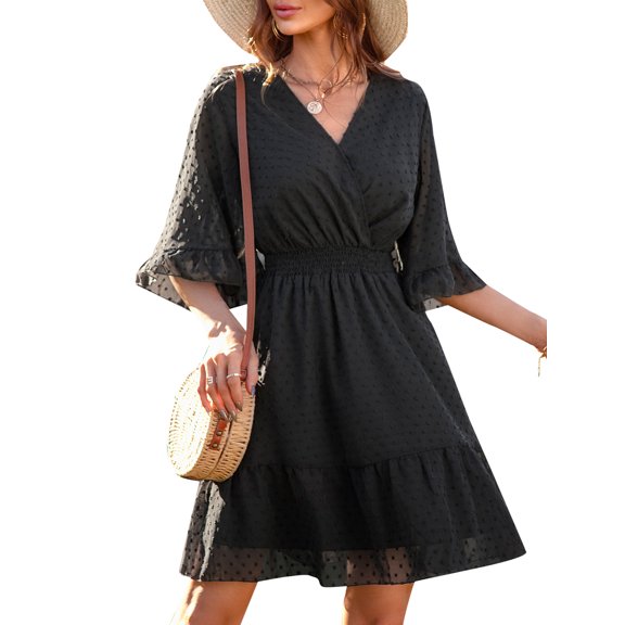 Women's V Neck Bell Sleeve Swiss Dot A-Line Elastic Waist Ruffle Hem Short Dress