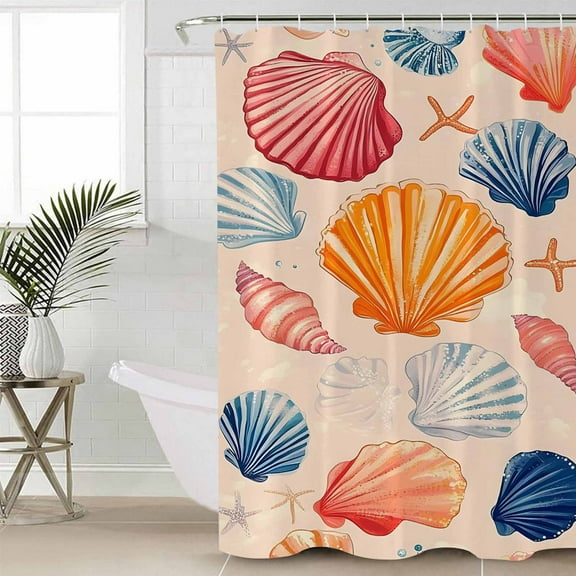 Orange Blue Pink Coastal Waterproof Fabric Shower Curtain, Summer Nautical Shell Beach Shower Curtain for Bathroom Curtains Bathtubs Hotel Washable Shower Curtains with 12 Hooks Extra Long 72x84