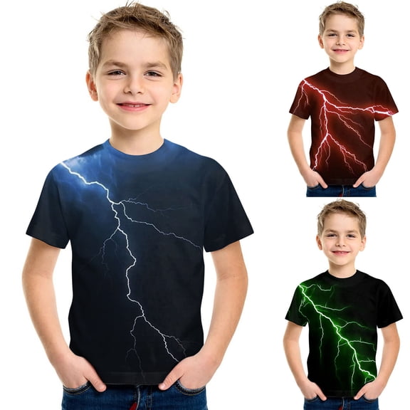 RTKFRFLM Big Boys' 3D Lightning Graphic T-Shirt Short Sleeve Digital Print Crewneck Summer Top for Kids Trendy Cool Visual Effect Tee Soft Breathable Streetwear for Active Youths Size 6-18 Years