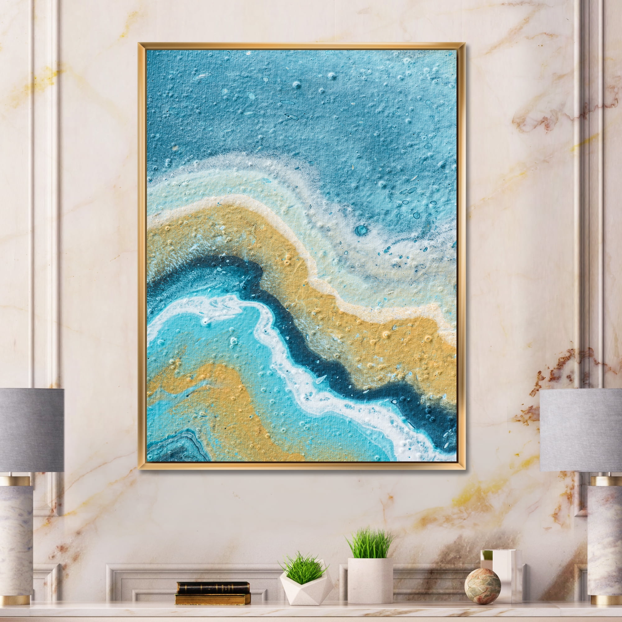 Abstract Composition In Blue and Yellow VI 12 in x 20 in Framed Painting Canvas Art Print, by Designart